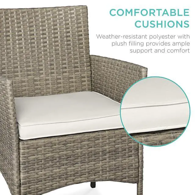 Alt view image 4 of 7 - 3-Piece Outdoor Wicker Conversation Bistro Set, Space Saving Patio Furniture for Garden w/Side Table - Taupe/White Sand