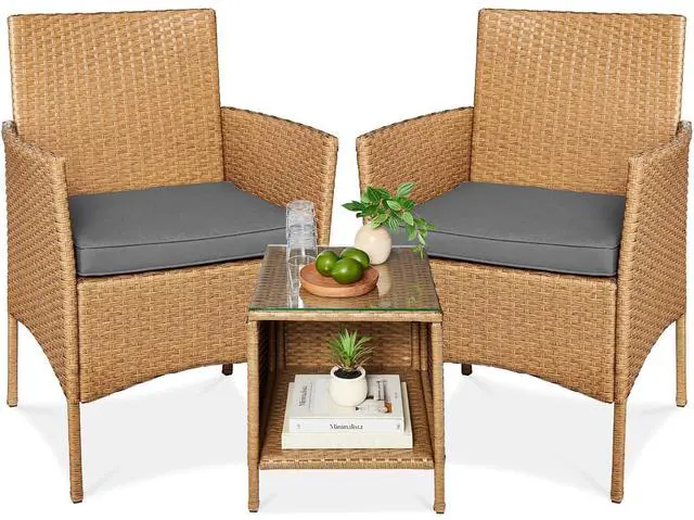 Main image of 3-Piece Outdoor Wicker Conversation Bistro Set, Space Saving Patio Furniture for Garden w/Side Table - Natural/Gray