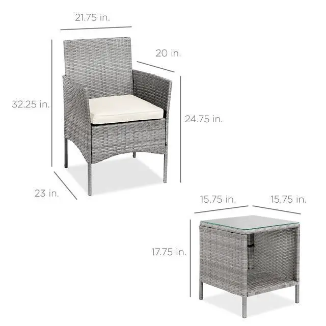 Alt view image 7 of 7 - 3-Piece Outdoor Wicker Conversation Bistro Set, Space Saving Patio Furniture for Garden w/Side Table - Gray/Cream