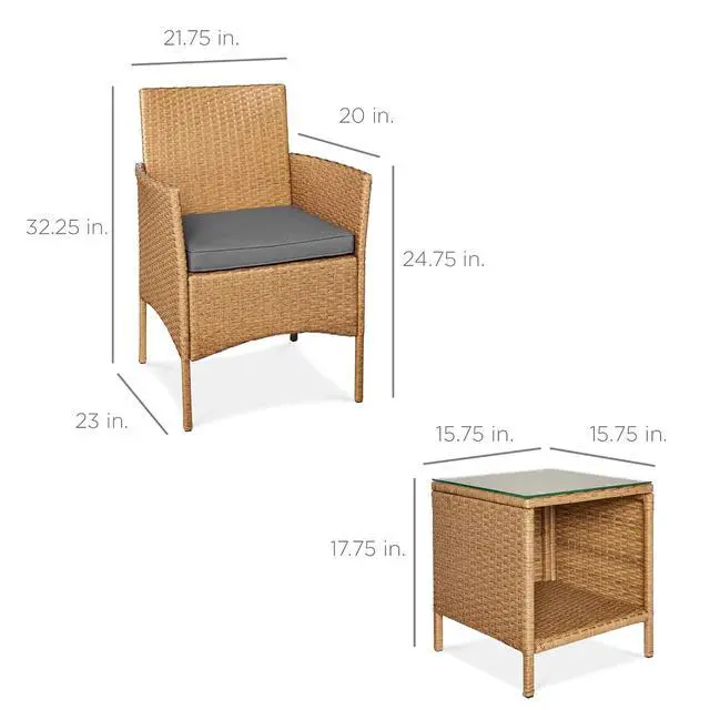 Alt view image 7 of 7 - 3-Piece Outdoor Wicker Conversation Bistro Set, Space Saving Patio Furniture for Garden w/Side Table - Natural/Gray