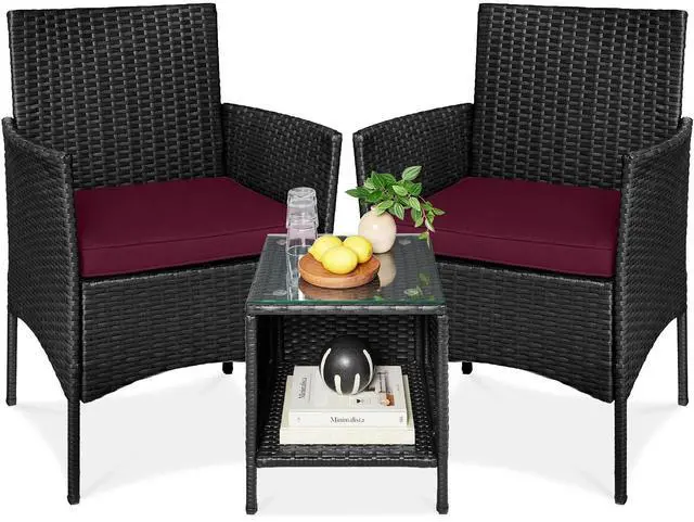 Main image of 3-Piece Outdoor Wicker Conversation Bistro Set, Space Saving Patio Furniture for Garden w/Side Table - Black/Deep Burgundy