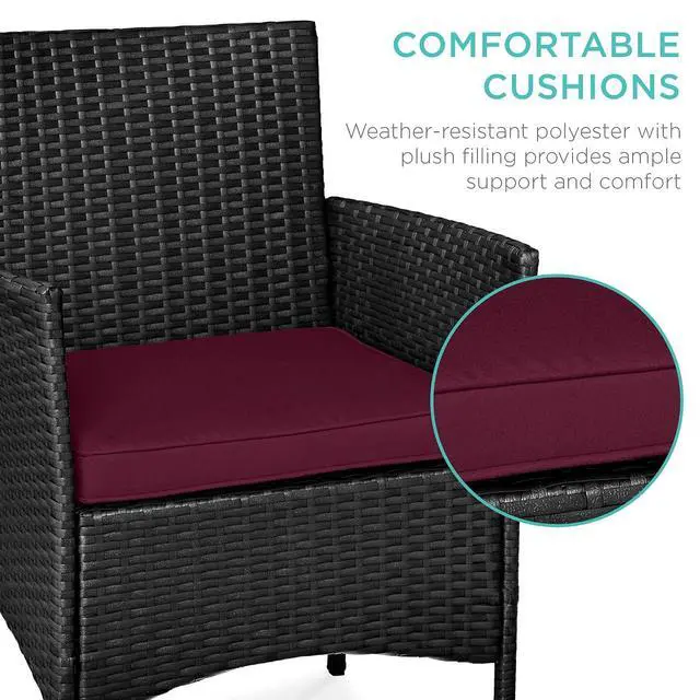 Alt view image 4 of 7 - 3-Piece Outdoor Wicker Conversation Bistro Set, Space Saving Patio Furniture for Garden w/Side Table - Black/Deep Burgundy