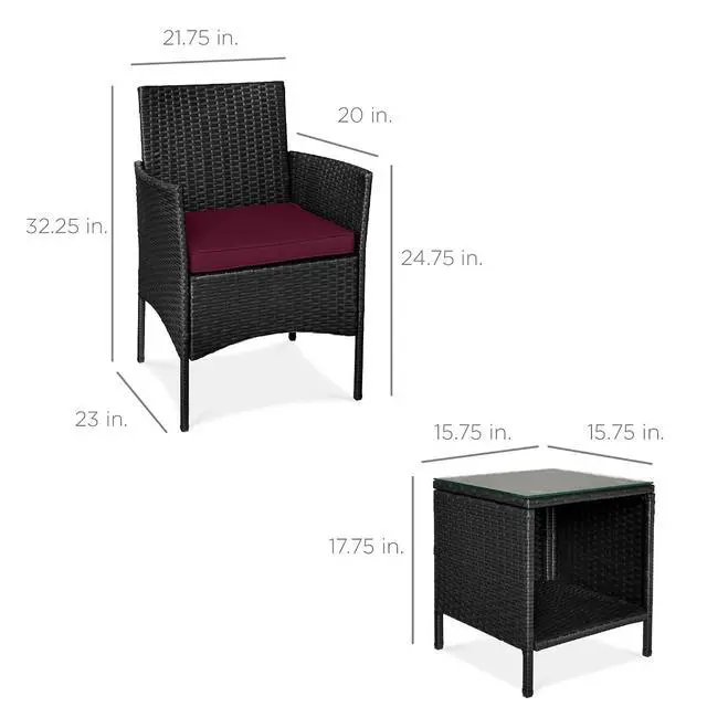 Alt view image 7 of 7 - 3-Piece Outdoor Wicker Conversation Bistro Set, Space Saving Patio Furniture for Garden w/Side Table - Black/Deep Burgundy