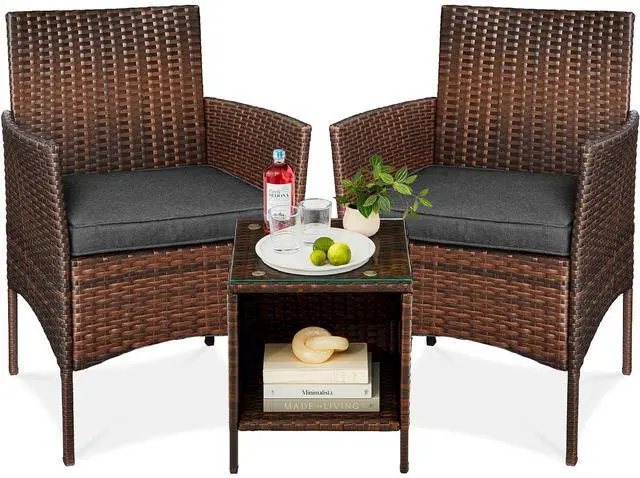 Main image of 3-Piece Outdoor Wicker Conversation Bistro Set, Space Saving Patio Furniture for Garden w/Side Table - Brown/Stone Gray
