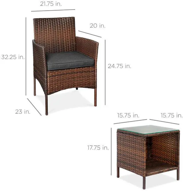 Alt view image 7 of 7 - 3-Piece Outdoor Wicker Conversation Bistro Set, Space Saving Patio Furniture for Garden w/Side Table - Brown/Stone Gray