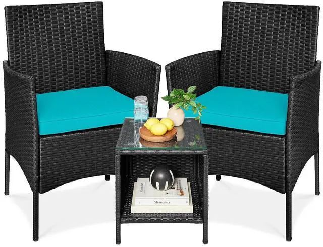 Main image of 3-Piece Outdoor Wicker Conversation Bistro Set, Space Saving Patio Furniture for Garden w/Side Table - Black/Teal