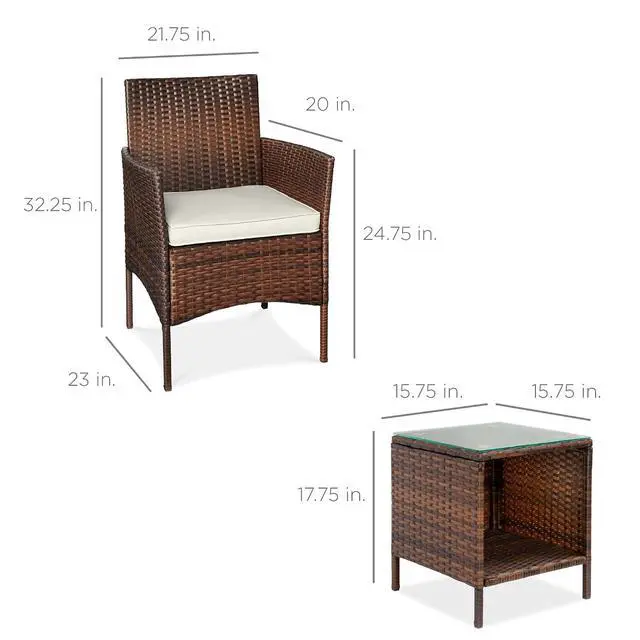 Alt view image 7 of 7 - 3-Piece Outdoor Wicker Conversation Bistro Set, Space Saving Patio Furniture for Garden w/Side Table - Brown/White Sand