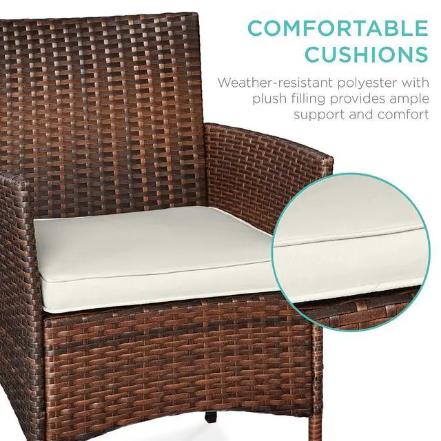 Alt view image 4 of 7 - 3-Piece Outdoor Wicker Conversation Bistro Set, Space Saving Patio Furniture for Garden w/Side Table - Brown/White Sand