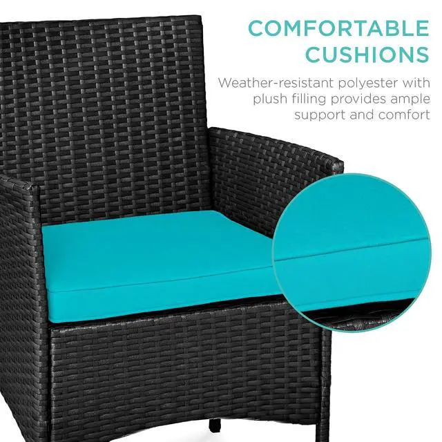 Alt view image 4 of 7 - 3-Piece Outdoor Wicker Conversation Bistro Set, Space Saving Patio Furniture for Garden w/Side Table - Black/Teal