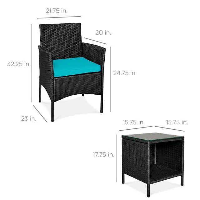 Alt view image 7 of 7 - 3-Piece Outdoor Wicker Conversation Bistro Set, Space Saving Patio Furniture for Garden w/Side Table - Black/Teal