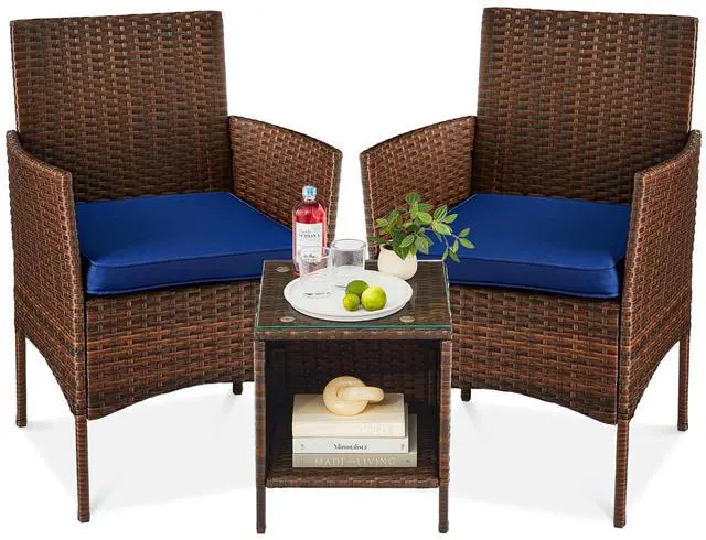 Main image of 3-Piece Outdoor Wicker Conversation Bistro Set, Space Saving Patio Furniture for Garden w/Side Table - Brown/Navy