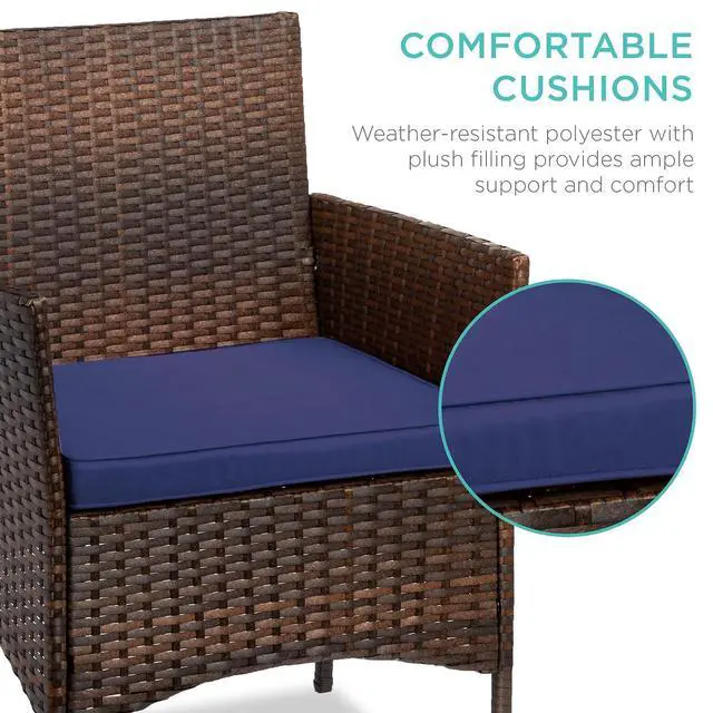 Alt view image 4 of 7 - 3-Piece Outdoor Wicker Conversation Bistro Set, Space Saving Patio Furniture for Garden w/Side Table - Brown/Navy