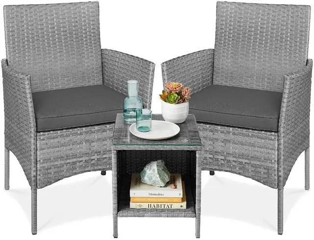 Main image of 3-Piece Outdoor Wicker Conversation Bistro Set, Space Saving Patio Furniture for Garden w/Side Table - Gray/Gray