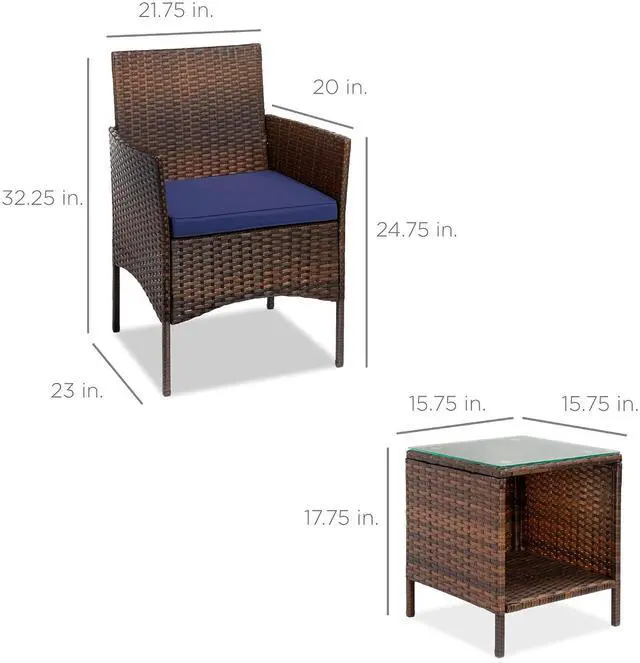 Alt view image 7 of 7 - 3-Piece Outdoor Wicker Conversation Bistro Set, Space Saving Patio Furniture for Garden w/Side Table - Brown/Navy
