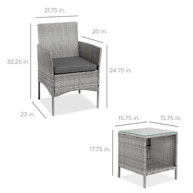 Alt view image 7 of 7 - 3-Piece Outdoor Wicker Conversation Bistro Set, Space Saving Patio Furniture for Garden w/Side Table - Gray/Gray