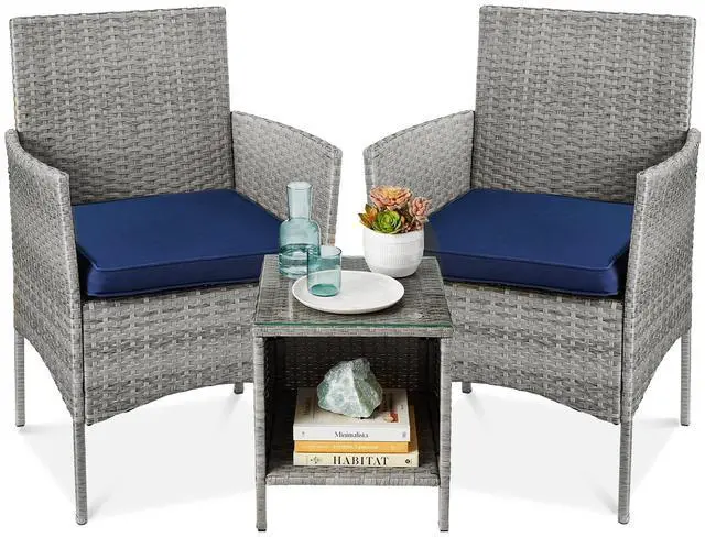 Main image of 3-Piece Outdoor Wicker Conversation Bistro Set, Space Saving Patio Furniture for Garden w/Side Table - Gray/Navy