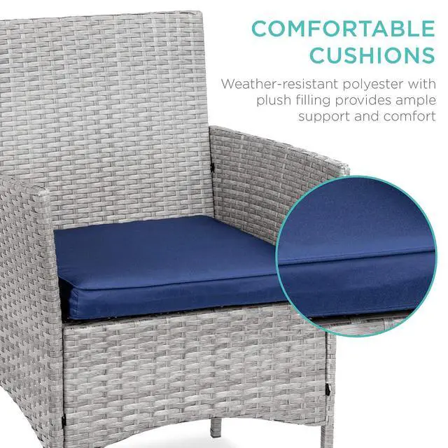 Alt view image 4 of 7 - 3-Piece Outdoor Wicker Conversation Bistro Set, Space Saving Patio Furniture for Garden w/Side Table - Gray/Navy