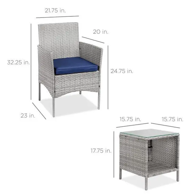Alt view image 7 of 7 - 3-Piece Outdoor Wicker Conversation Bistro Set, Space Saving Patio Furniture for Garden w/Side Table - Gray/Navy