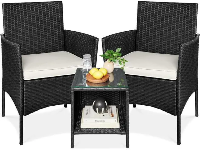 Main image of 3-Piece Outdoor Wicker Conversation Bistro Set, Space Saving Patio Furniture for Garden w/Side Table - Black/White Sand