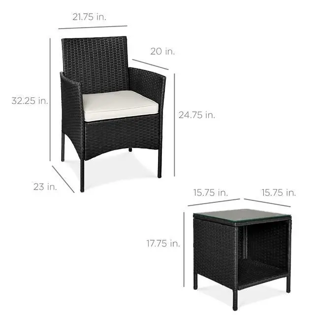 Alt view image 7 of 7 - 3-Piece Outdoor Wicker Conversation Bistro Set, Space Saving Patio Furniture for Garden w/Side Table - Black/White Sand