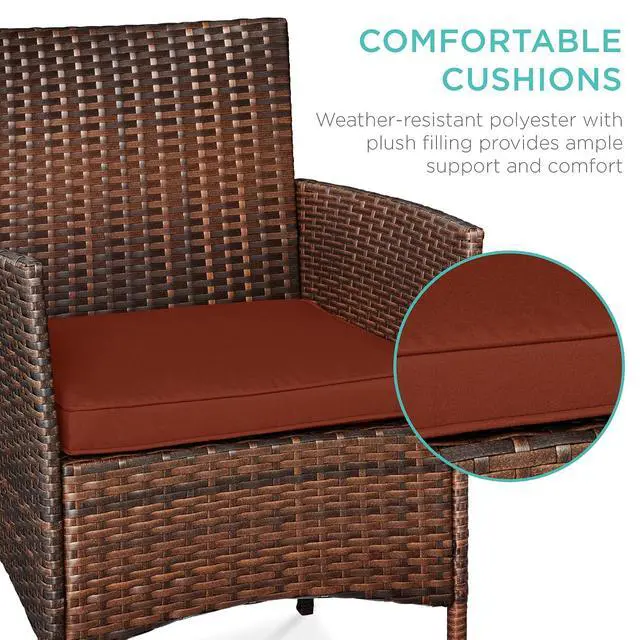 Alt view image 4 of 7 - 3-Piece Outdoor Wicker Conversation Bistro Set, Space Saving Patio Furniture for Garden w/Side Table - Brown/Dark Rust