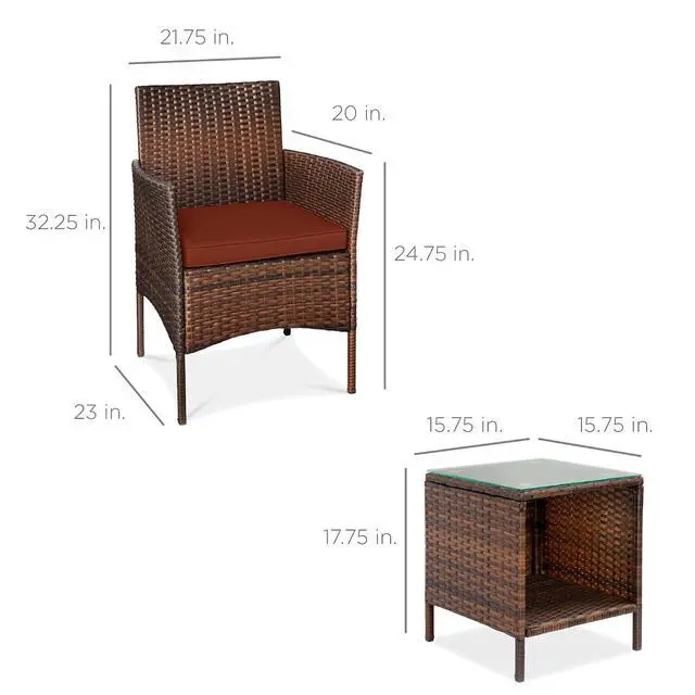Alt view image 7 of 7 - 3-Piece Outdoor Wicker Conversation Bistro Set, Space Saving Patio Furniture for Garden w/Side Table - Brown/Dark Rust