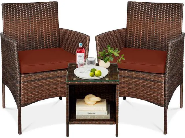 Main image of 3-Piece Outdoor Wicker Conversation Bistro Set, Space Saving Patio Furniture for Garden w/Side Table - Brown/Dark Rust