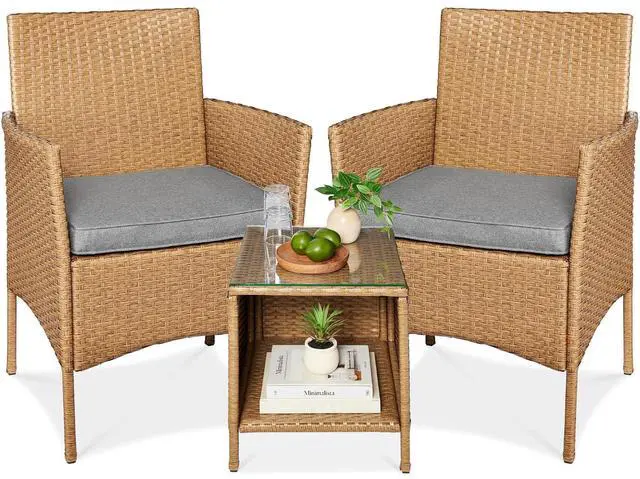 Main image of 3-Piece Outdoor Wicker Conversation Bistro Set, Space Saving Patio Furniture for Garden w/Side Table - Natural/Cement Gray
