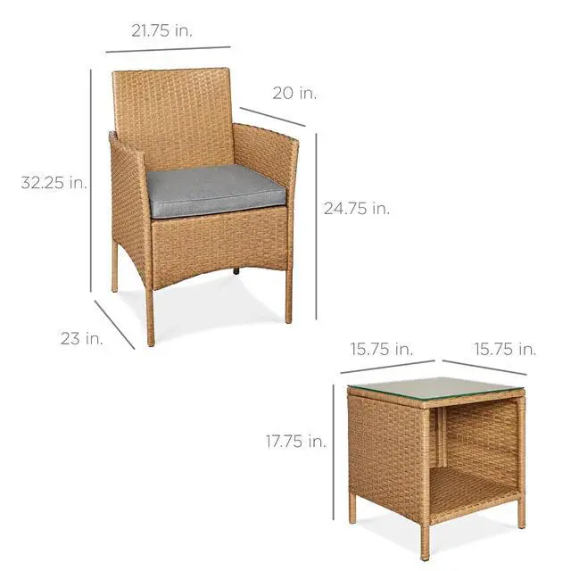 Alt view image 7 of 7 - 3-Piece Outdoor Wicker Conversation Bistro Set, Space Saving Patio Furniture for Garden w/Side Table - Natural/Cement Gray