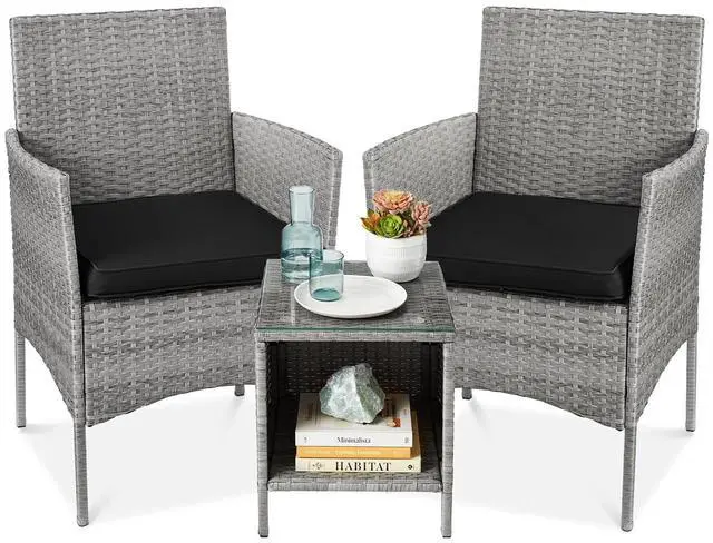 Main image of 3-Piece Outdoor Wicker Conversation Bistro Set, Space Saving Patio Furniture for Garden w/Side Table - Gray/Black
