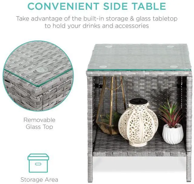 Alt view image 3 of 7 - 3-Piece Outdoor Wicker Conversation Bistro Set, Space Saving Patio Furniture for Garden w/Side Table - Gray/Black