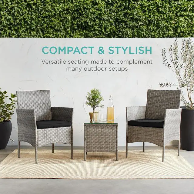 Alt view image 6 of 7 - 3-Piece Outdoor Wicker Conversation Bistro Set, Space Saving Patio Furniture for Garden w/Side Table - Gray/Black