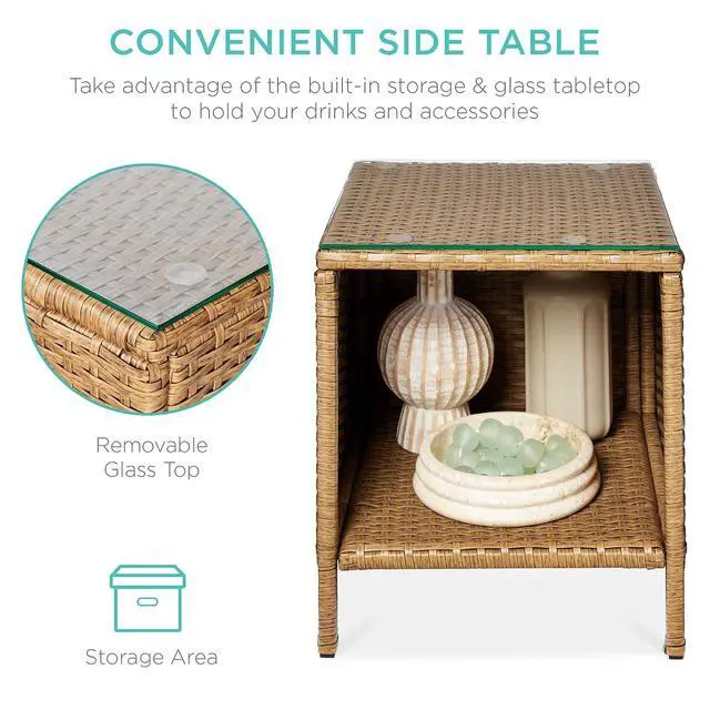 Alt view image 3 of 7 - 3-Piece Outdoor Wicker Conversation Bistro Set, Space Saving Patio Furniture for Garden w/Side Table - Natural/Ivory