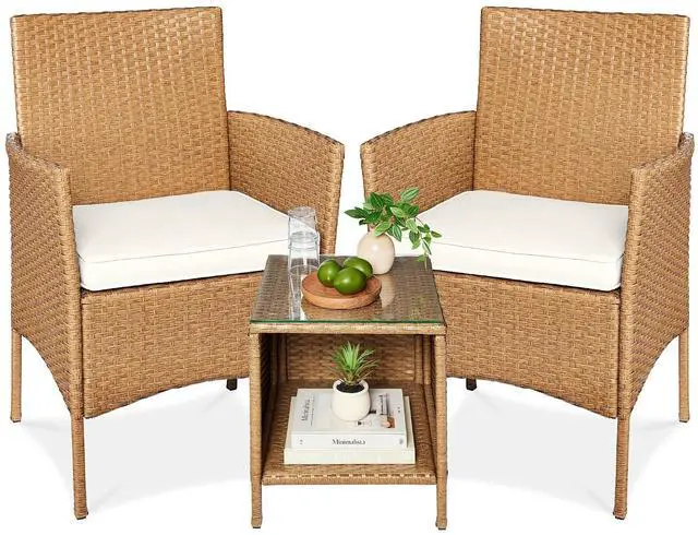 Main image of 3-Piece Outdoor Wicker Conversation Bistro Set, Space Saving Patio Furniture for Garden w/Side Table - Natural/Ivory