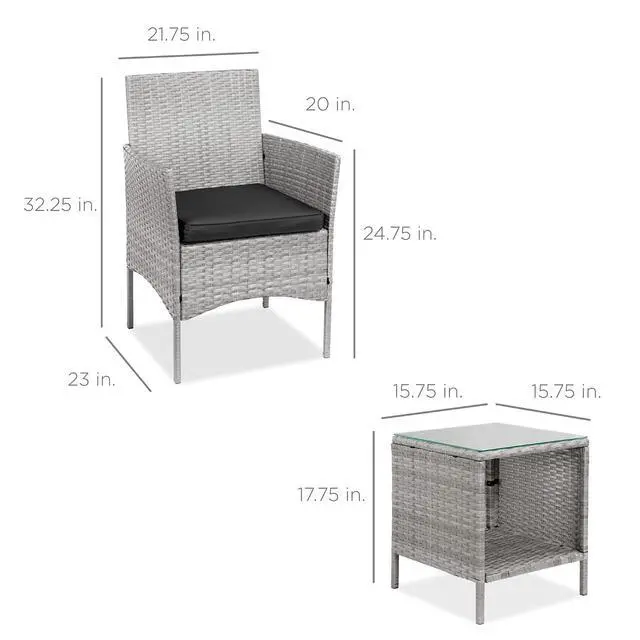 Alt view image 7 of 7 - 3-Piece Outdoor Wicker Conversation Bistro Set, Space Saving Patio Furniture for Garden w/Side Table - Gray/Black
