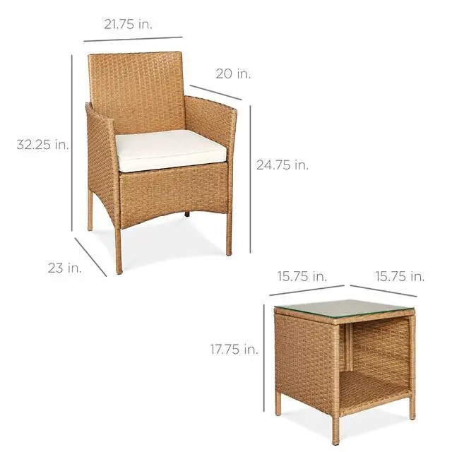 Alt view image 7 of 7 - 3-Piece Outdoor Wicker Conversation Bistro Set, Space Saving Patio Furniture for Garden w/Side Table - Natural/Ivory