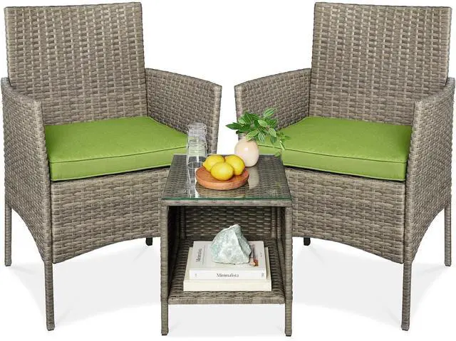 Main image of 3-Piece Outdoor Wicker Conversation Bistro Set, Space Saving Patio Furniture for Garden w/Side Table - Taupe/Pistachio