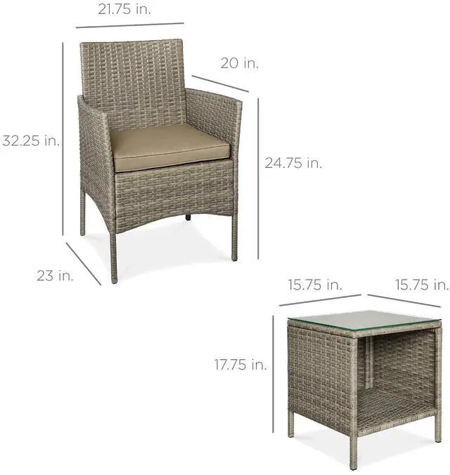 Alt view image 7 of 7 - 3-Piece Outdoor Wicker Conversation Bistro Set, Space Saving Patio Furniture for Garden w/Side Table - Taupe/Desert