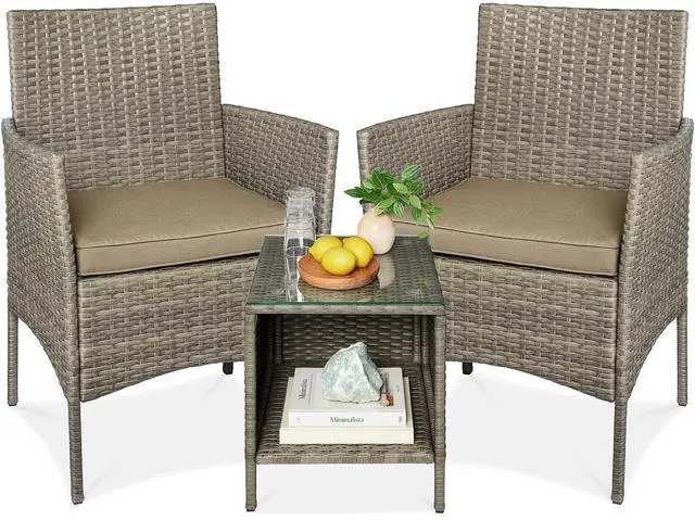 Main image of 3-Piece Outdoor Wicker Conversation Bistro Set, Space Saving Patio Furniture for Garden w/Side Table - Taupe/Desert