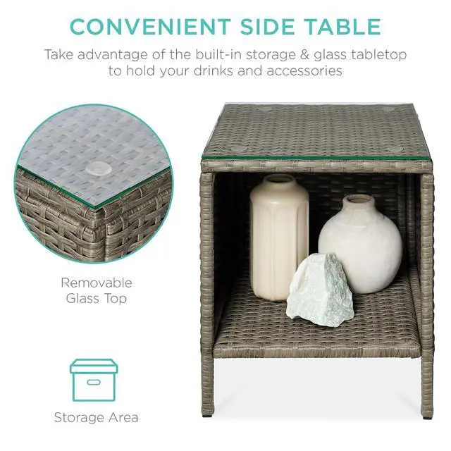 Alt view image 3 of 7 - 3-Piece Outdoor Wicker Conversation Bistro Set, Space Saving Patio Furniture for Garden w/Side Table - Taupe/White Sand