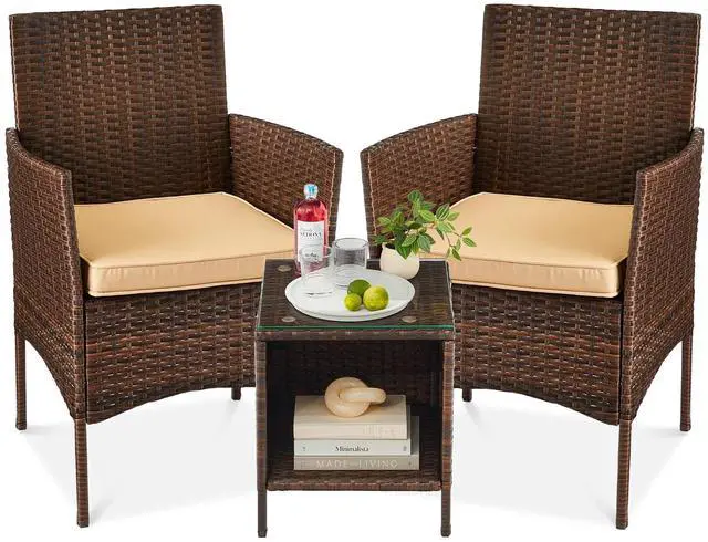 Main image of 3-Piece Outdoor Wicker Conversation Bistro Set, Space Saving Patio Furniture for Garden w/Side Table - Brown/Tan