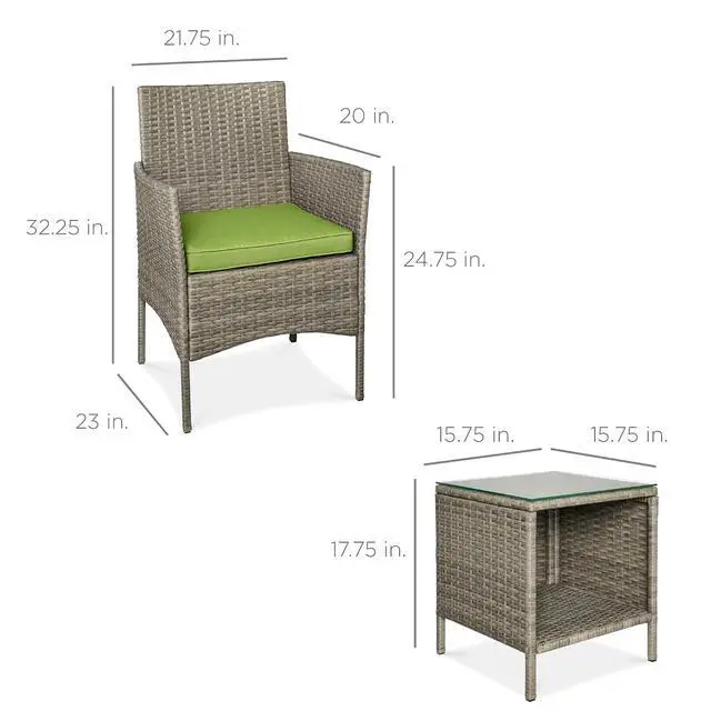 Alt view image 7 of 7 - 3-Piece Outdoor Wicker Conversation Bistro Set, Space Saving Patio Furniture for Garden w/Side Table - Taupe/Pistachio