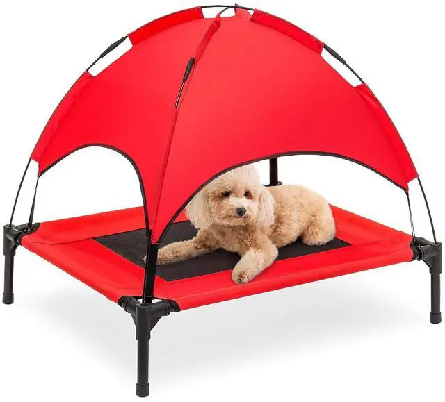 Main image of 30in Elevated Cooling Dog Bed, Outdoor Raised Mesh Pet Cot w/Removable Canopy Shade Tent, Carrying Bag, Breathable Fabric - Red