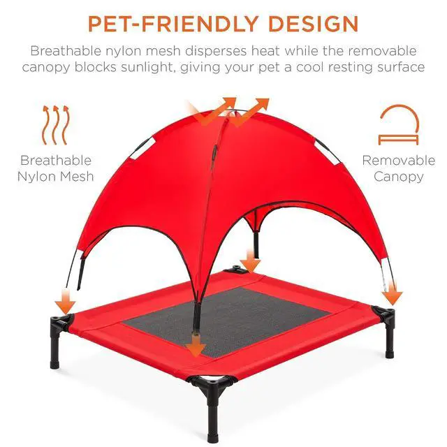 Alt view image 4 of 7 - 30in Elevated Cooling Dog Bed, Outdoor Raised Mesh Pet Cot w/Removable Canopy Shade Tent, Carrying Bag, Breathable Fabric - Red