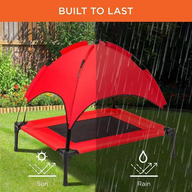 Alt view image 5 of 7 - 30in Elevated Cooling Dog Bed, Outdoor Raised Mesh Pet Cot w/Removable Canopy Shade Tent, Carrying Bag, Breathable Fabric - Red