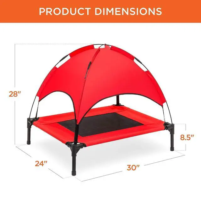 Alt view image 7 of 7 - 30in Elevated Cooling Dog Bed, Outdoor Raised Mesh Pet Cot w/Removable Canopy Shade Tent, Carrying Bag, Breathable Fabric - Red