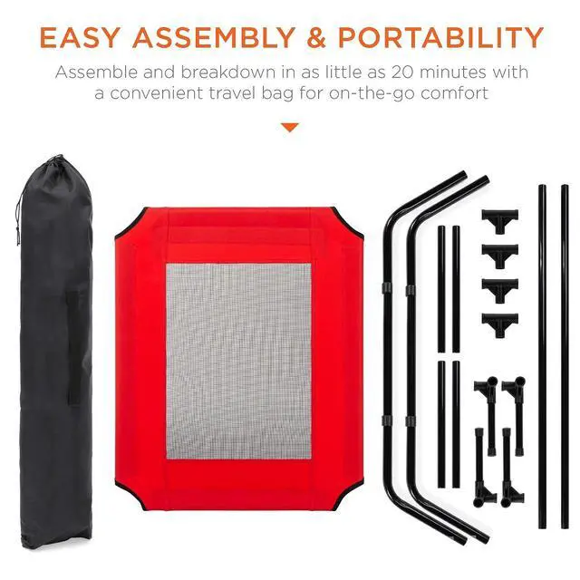 Alt view image 6 of 7 - 30in Elevated Cooling Dog Bed, Outdoor Raised Mesh Pet Cot w/Removable Canopy Shade Tent, Carrying Bag, Breathable Fabric - Red