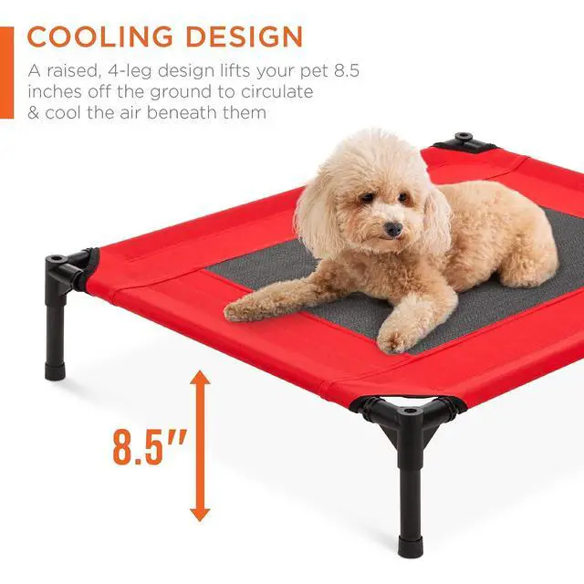 Alt view image 3 of 7 - 30in Elevated Cooling Dog Bed, Outdoor Raised Mesh Pet Cot w/Removable Canopy Shade Tent, Carrying Bag, Breathable Fabric - Red