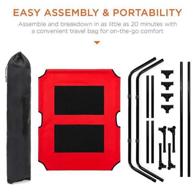 Alt view image 6 of 7 - 36in Elevated Dog Bed w/Removable Canopy, Red | Cooling Raised Mesh Pet Cot w/ Tent for Shade, Carrying Bag, Breathable Fabric, Outdoor Pet Bed