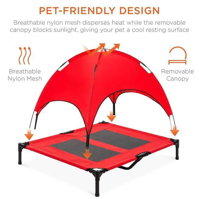Alt view image 4 of 7 - 36in Elevated Dog Bed w/Removable Canopy, Red | Cooling Raised Mesh Pet Cot w/ Tent for Shade, Carrying Bag, Breathable Fabric, Outdoor Pet Bed